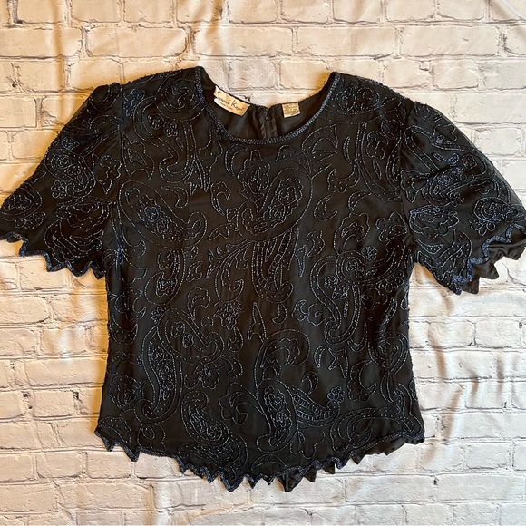 Laurence Kazar Vintage Silk Beaded Womens Top 1X Black - Picture 1 of 10
